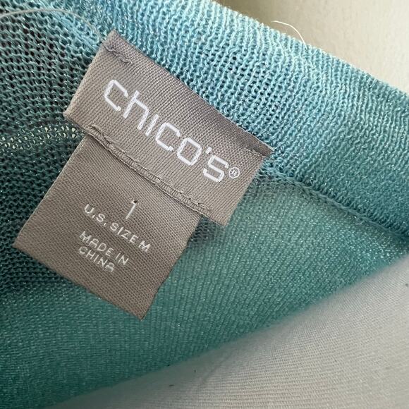 Chico's Cardigan Sweater MEDIUM Turquoise Button Metallic Knit 3/4 Sleeve NEW - Picture 8 of 9